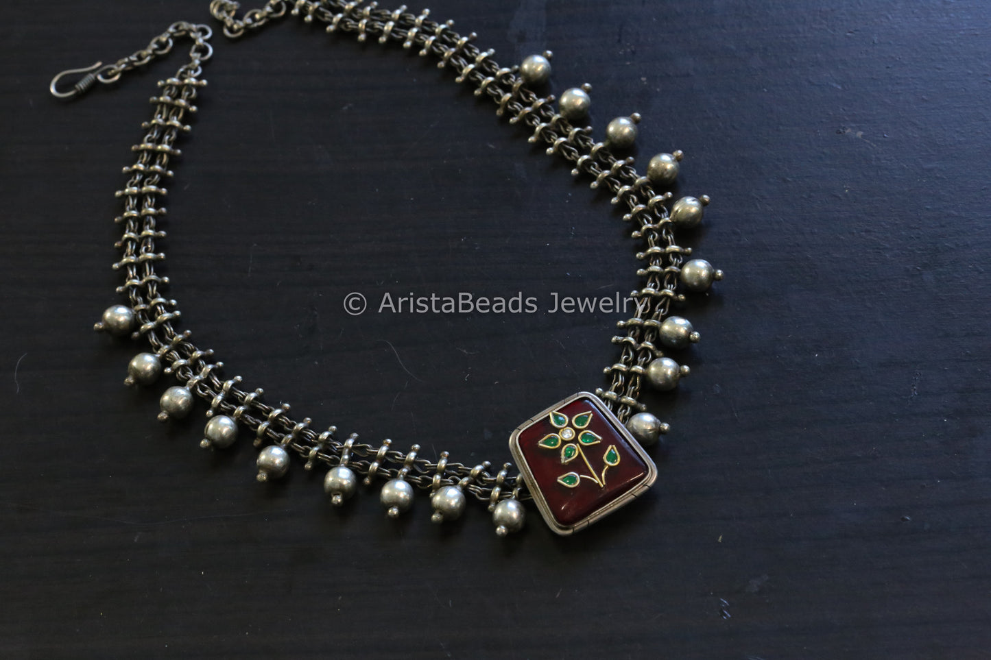 Kundan Inlay Silver Look Alike Fusion Necklace - Red