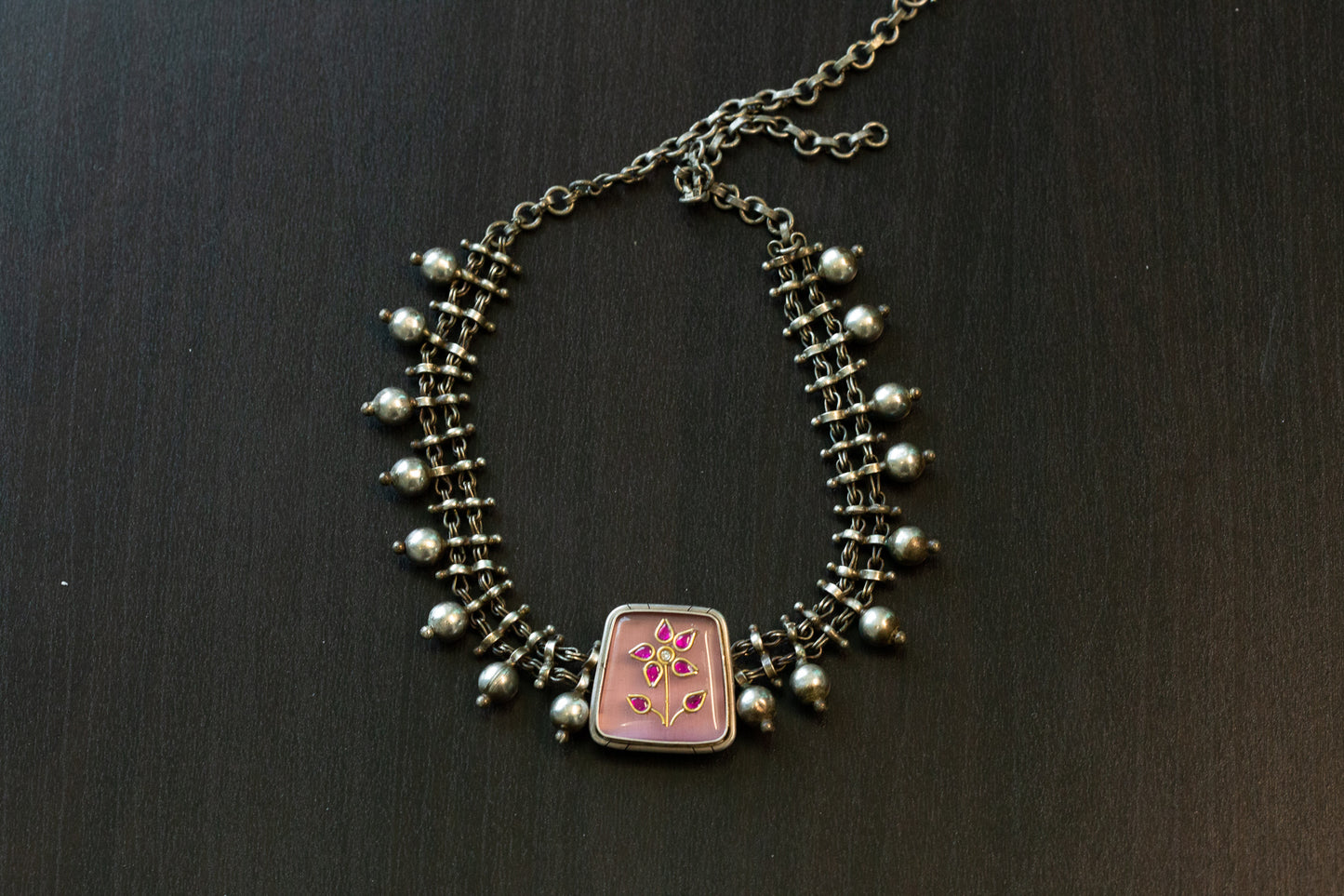 Kundan Inlay Silver Look Alike Fusion Necklace - Pink (T102-34)