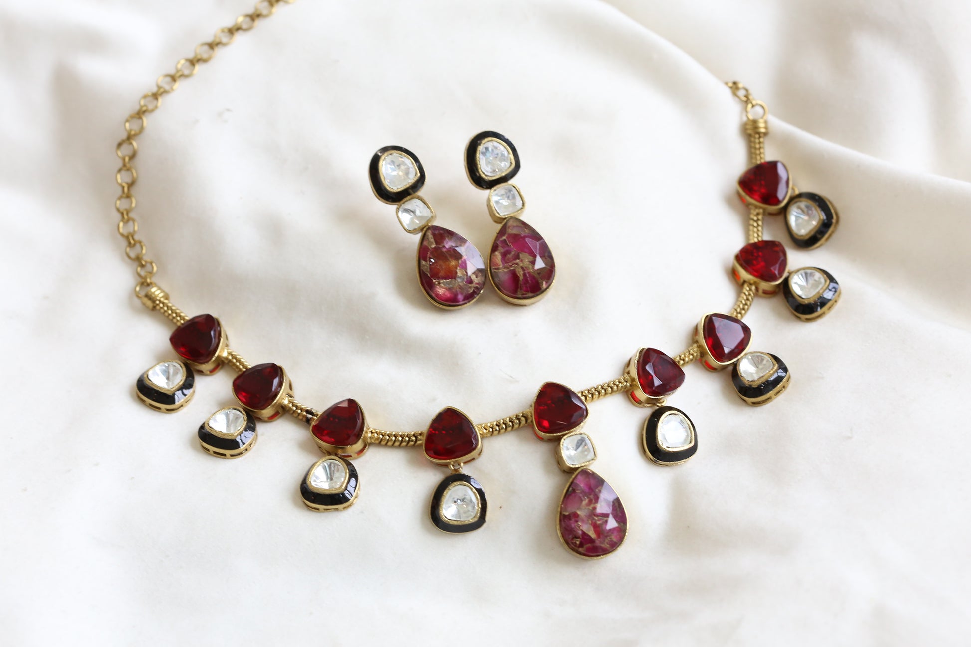 Polki Kundan, Enamel  & Marble Doublet Set - Red  (103-17)