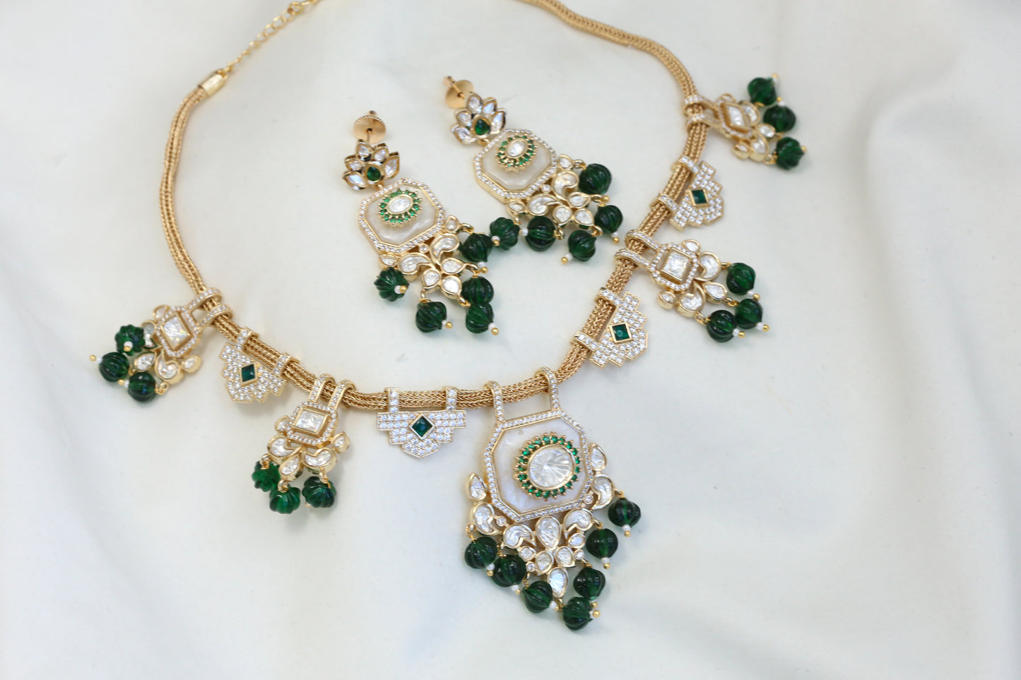 Mop Kundan Polki Necklace Set -Green