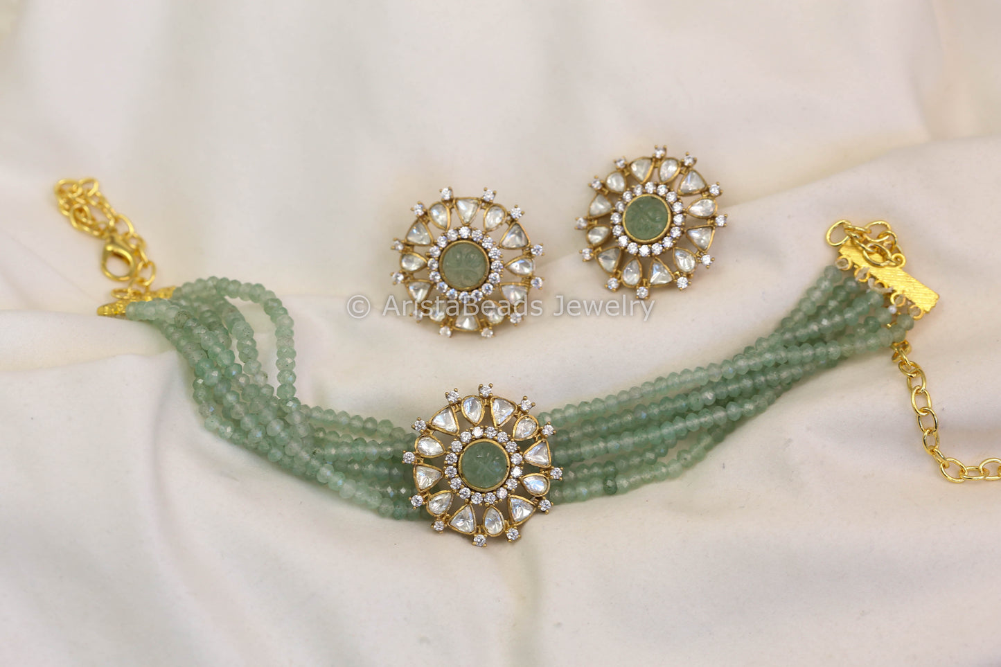 Real Moissanite Aventurine Beads Choker Set (103-50)