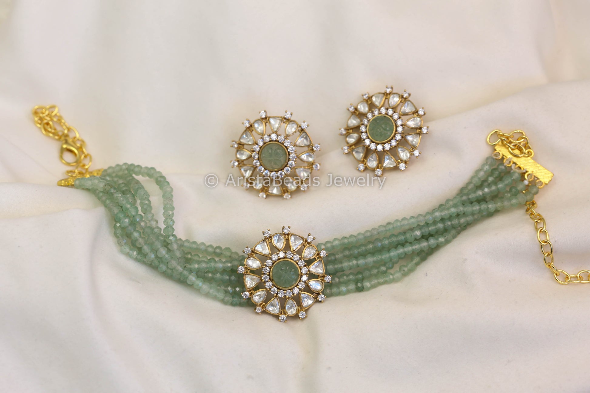 Real Moissanite Aventurine Beads Choker Set (103-50)