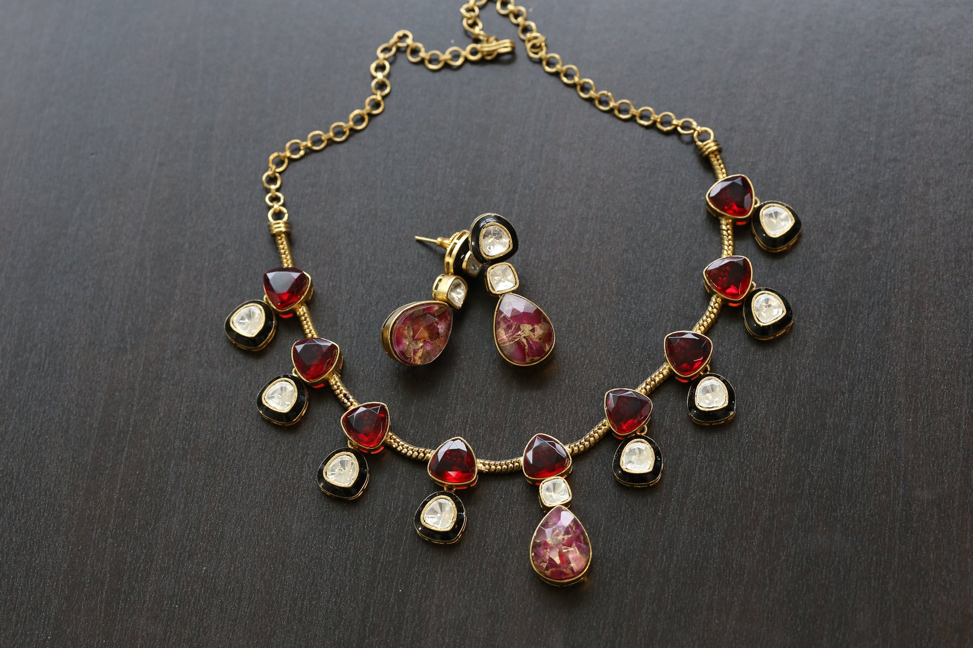 Polki Kundan, Enamel  & Marble Doublet Set - Red  (103-17)