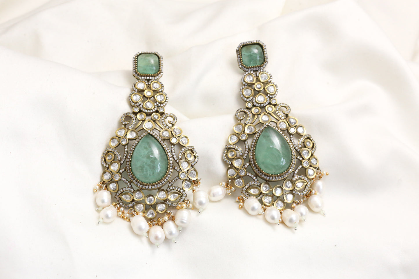 Large Mint Pota Doublet & Kundan Earrings (101-20)