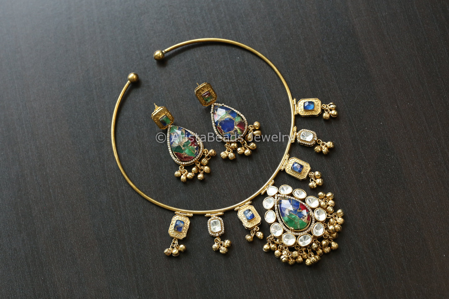 Premium Mosaic Doublet &  Uncut Kundan Hasli Set (103-21)