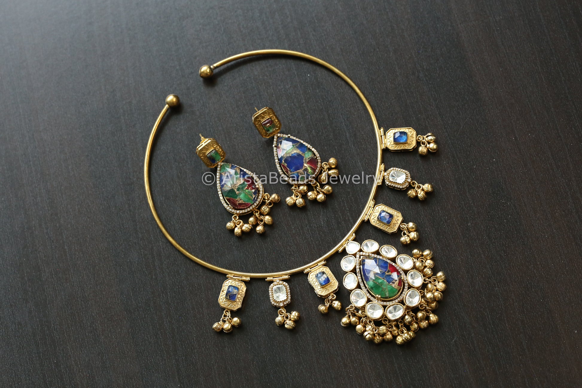 Premium Mosaic Doublet &  Uncut Kundan Hasli Set (103-21)