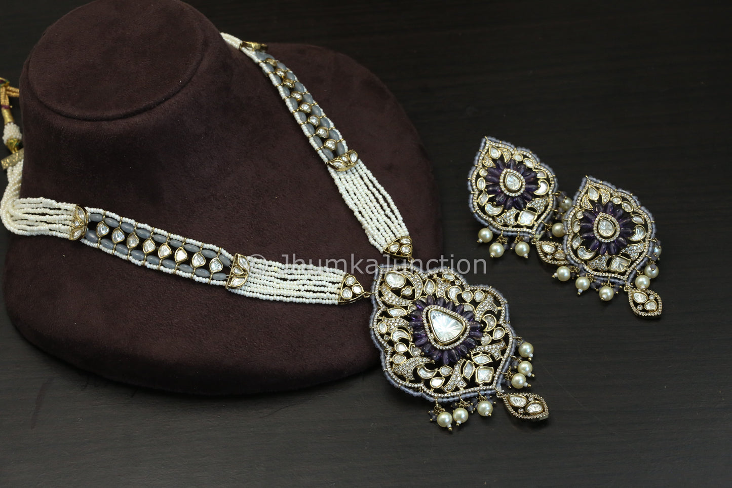 Lavender Pota Stone & Uncut Kundan Necklace Set (102-06)