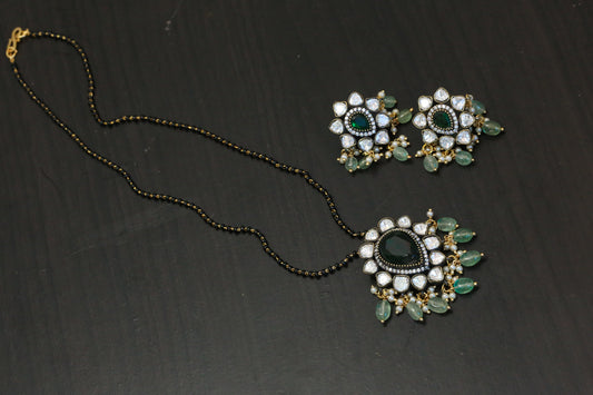 Victorian Moissanite Polki Black Beads Set - Green