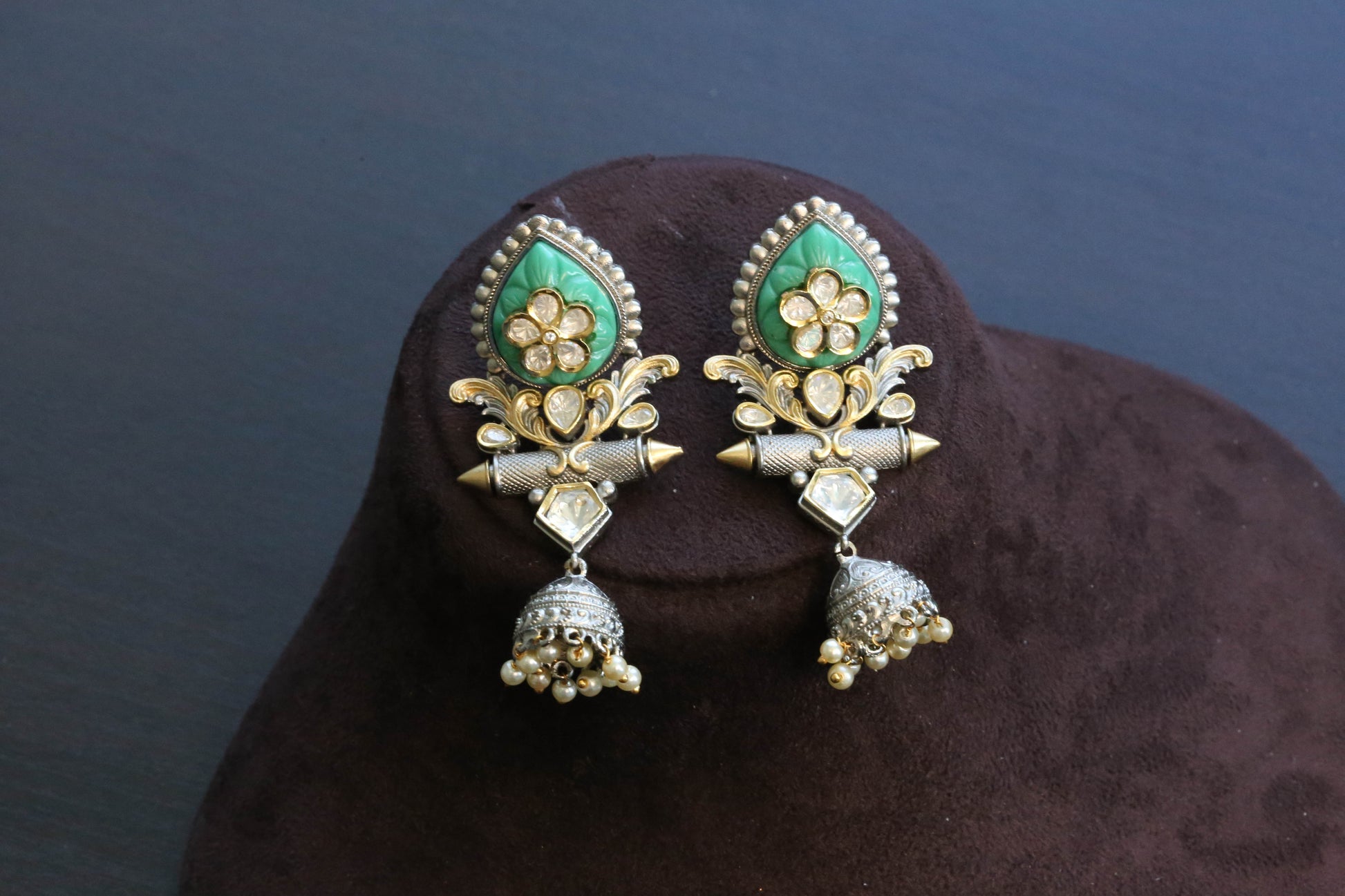 Rubab Dual Tone Carved Stone Jhumka - Blue (101-45)