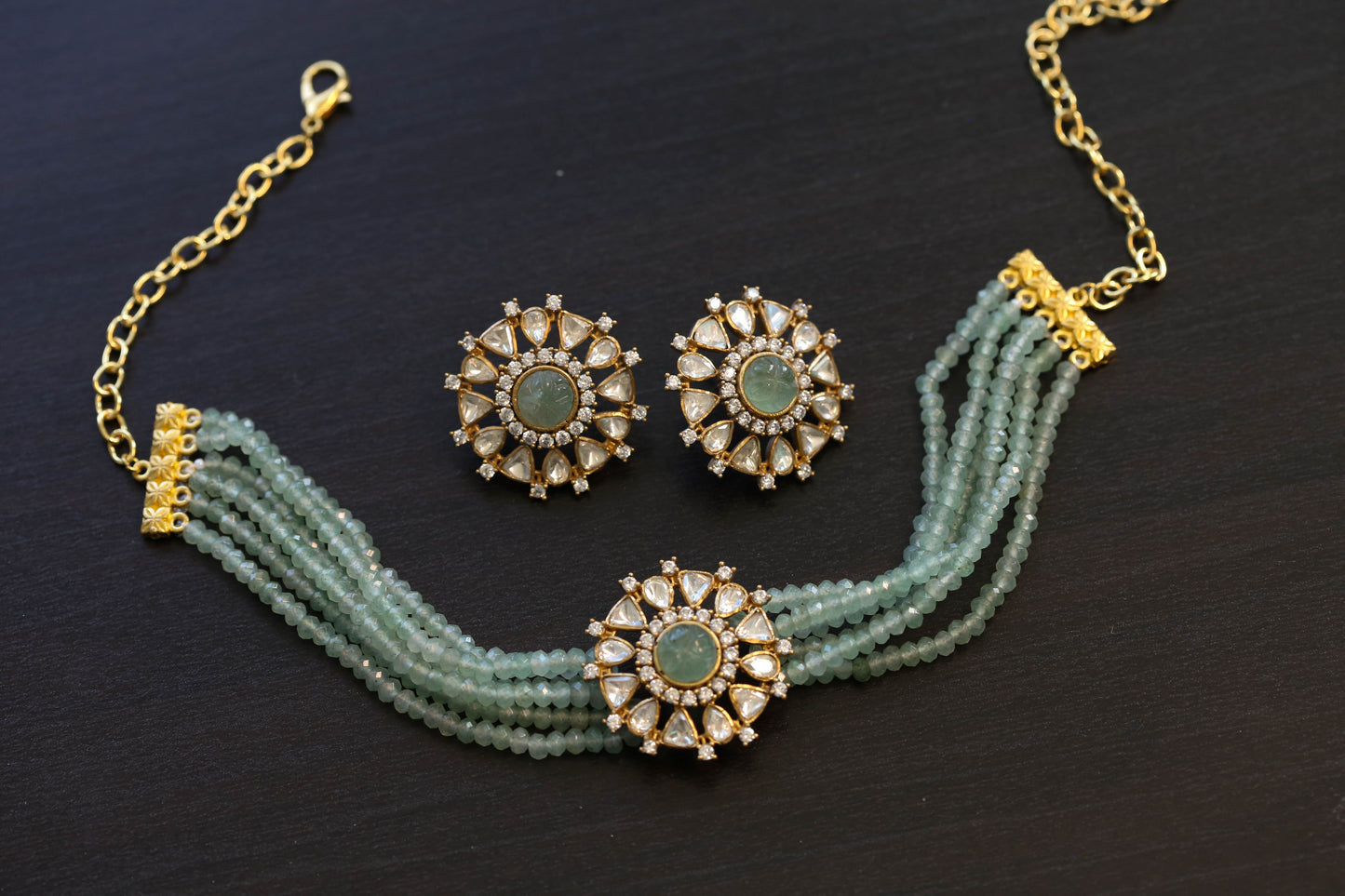 Real Moissanite Aventurine Beads Choker Set (103-50)