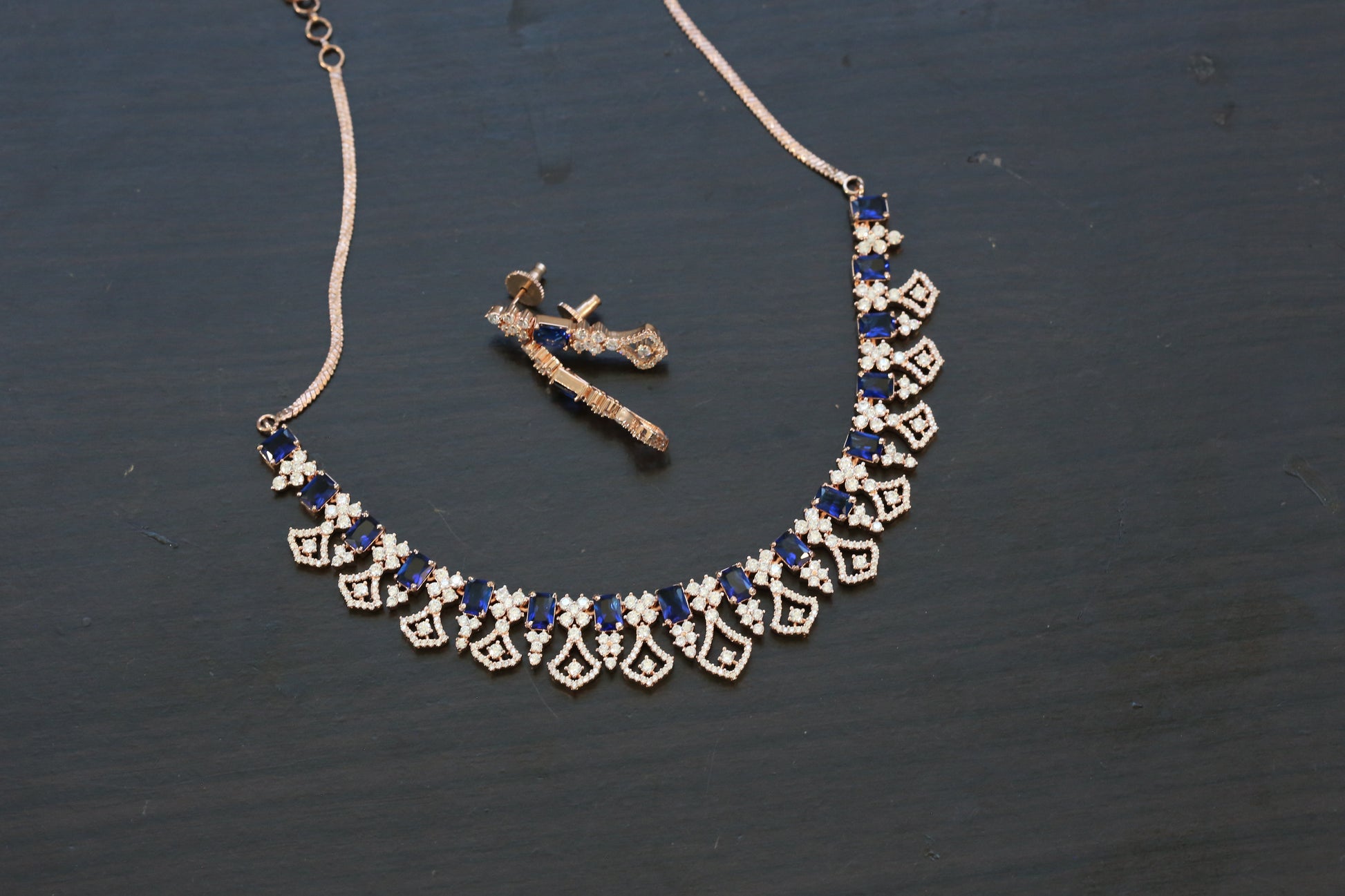 Next To Real Diamond Rose Gold Blue CZ Necklace Set