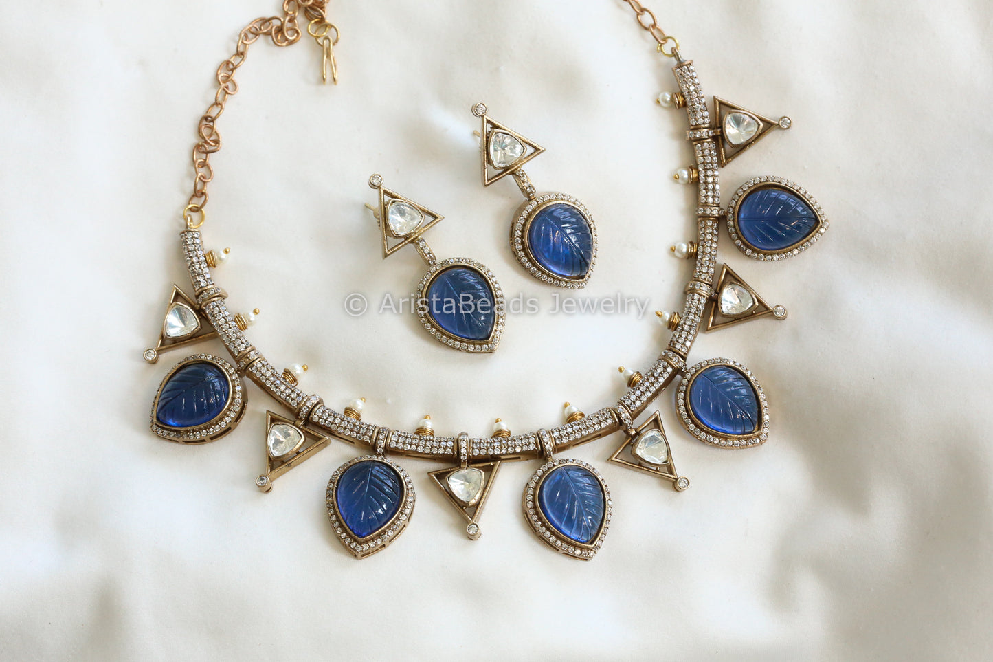 Carved Blue Doublet & Moissanite Polki Set (102-28)