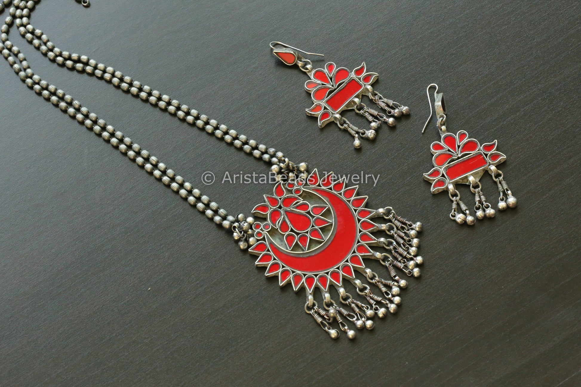 Red Real Glass Oxidized Necklace Set (T102-11)