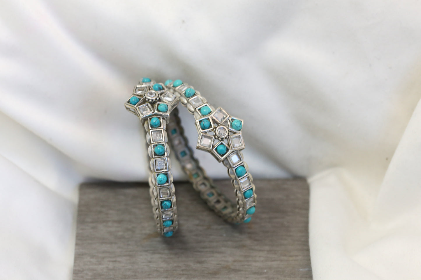 Kemp Silver Finish Bangle Set (2.4) - Clear Turquoise