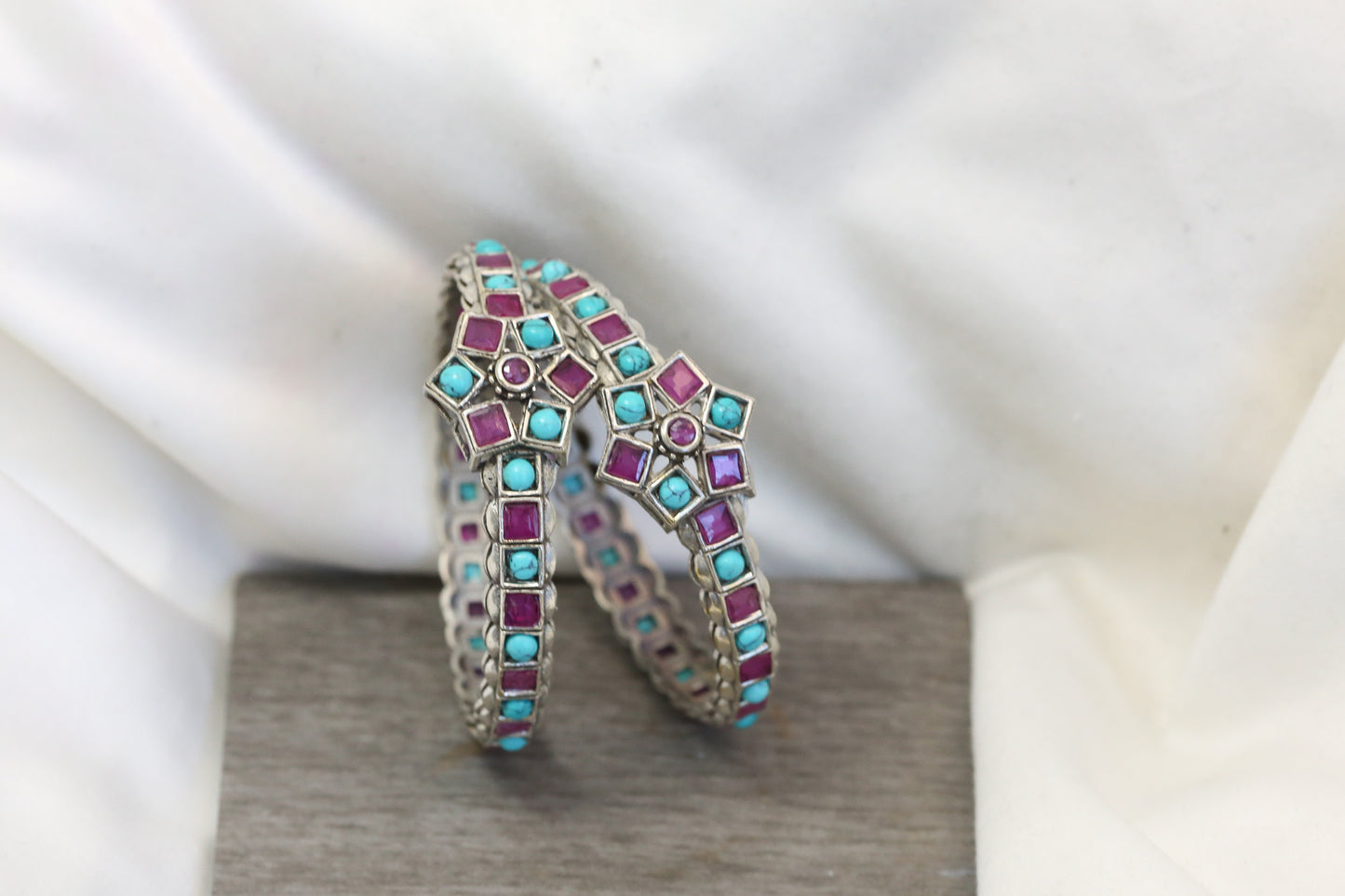 Kemp Silver Finish Bangle Set (2.4) -Turquoise Ruby