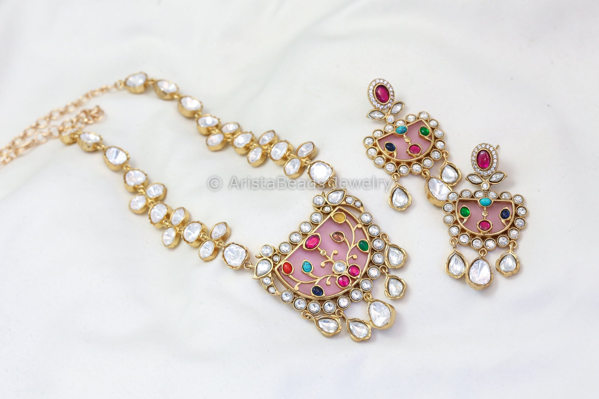 Premium Inlay Jadau Uncut Polki Kundan Set - Pink