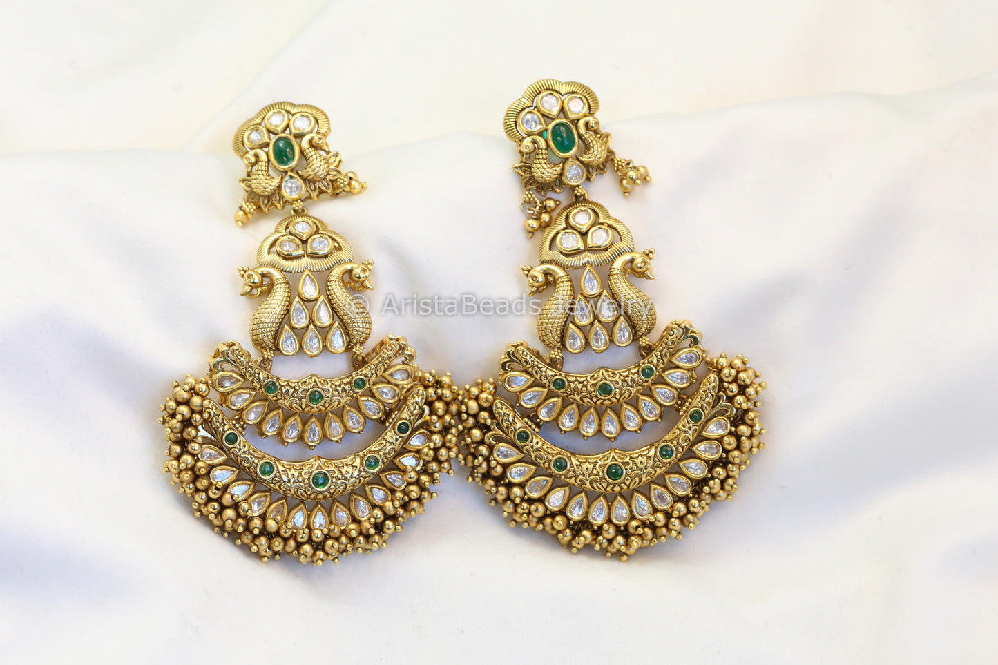 Matt Gold Polki Kundan Chandbaali - Green