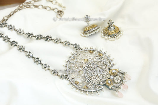 Swati Dual Tone Long Necklace Set - Clear