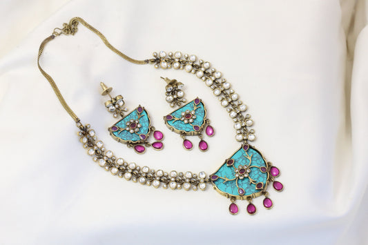 Victorian Finish Turquoise Polki Kundan Set