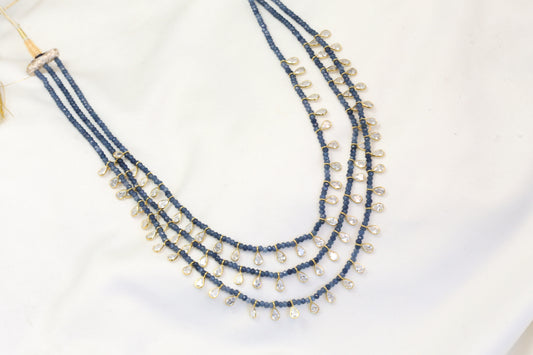 3 Strand CZ Polki & Semiprecious Beaded Necklace -Blue