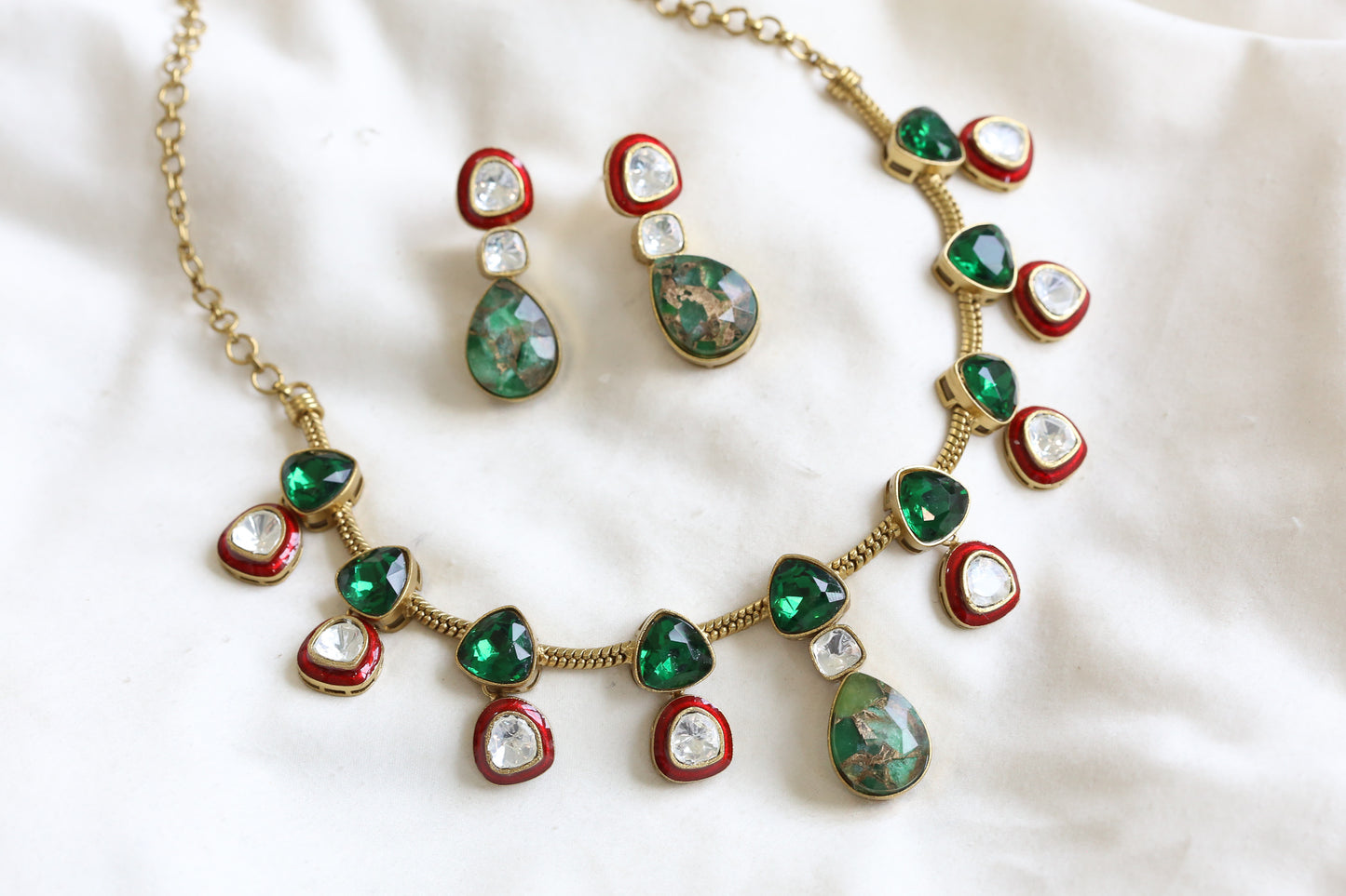 Polki Kundan, Enamel  & Marble Doublet Set - Green (103-15)