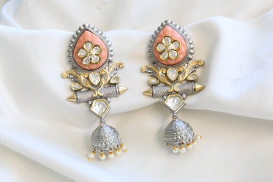 Rubab Dual Tone Carved Stone Jhumka -Coral (101-46)
