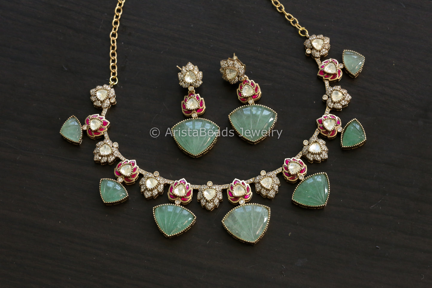 Premium Carved Fluorite, Jadau & Moissanite Set (J102-21)