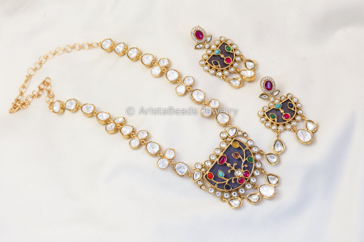 Premium Inlay Jadau Uncut Polki Kundan Set - Gray