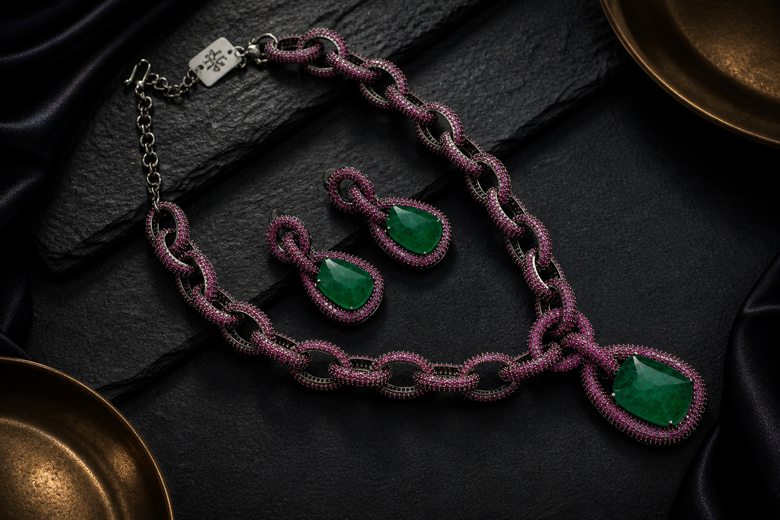 Contemporary CZ & Green Pota Doublet  Necklace Set