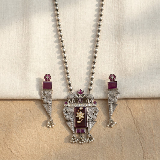 Inlay Work Long SLA Necklace Set - Red