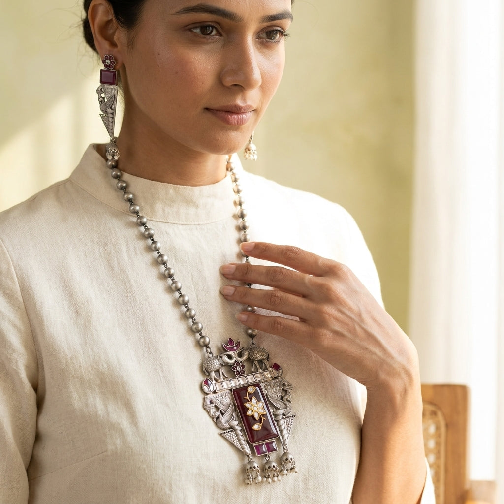 Inlay Work Long SLA Necklace Set - Red