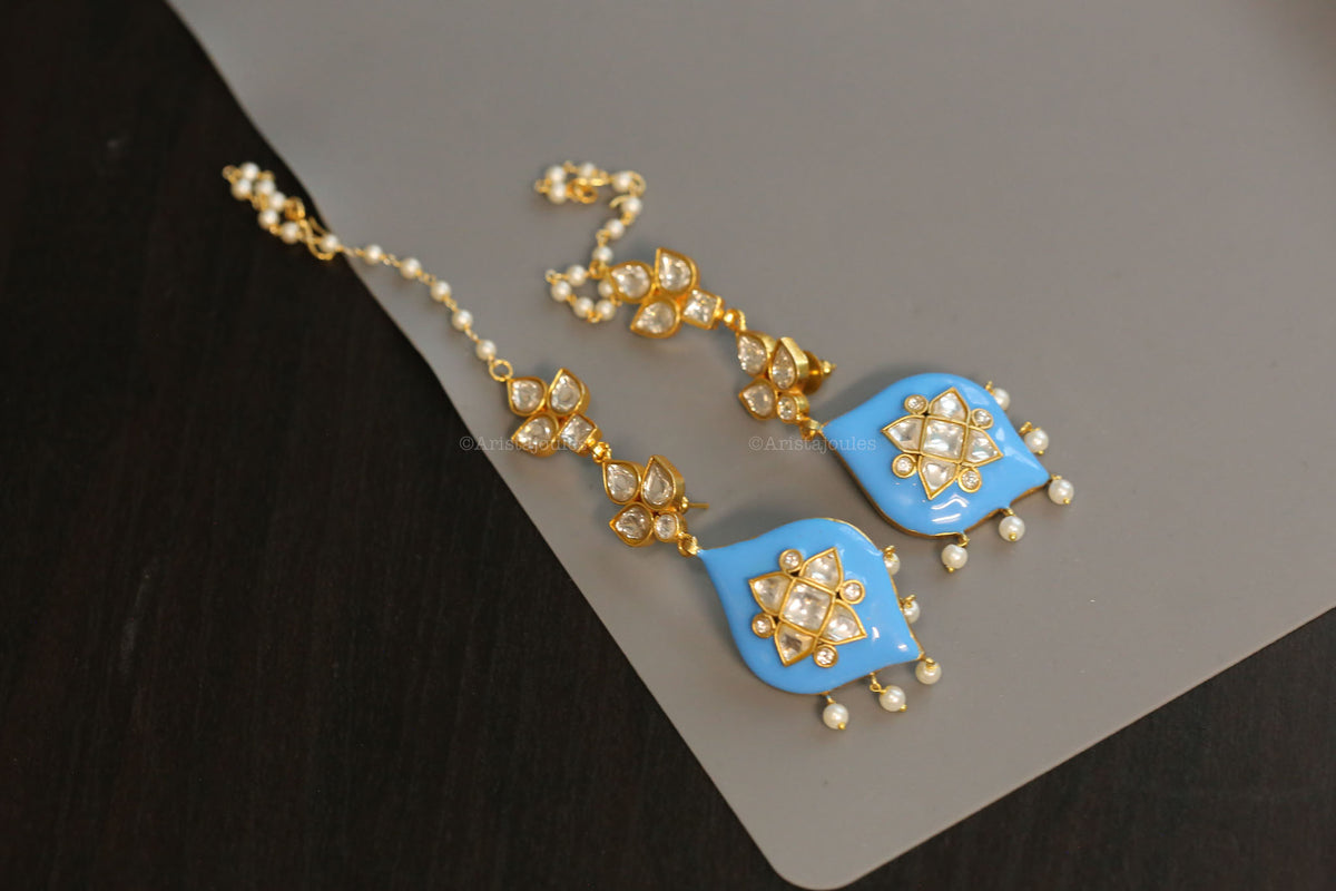 Deepa Enamel Jadau Kundan Earrings - Turquoise