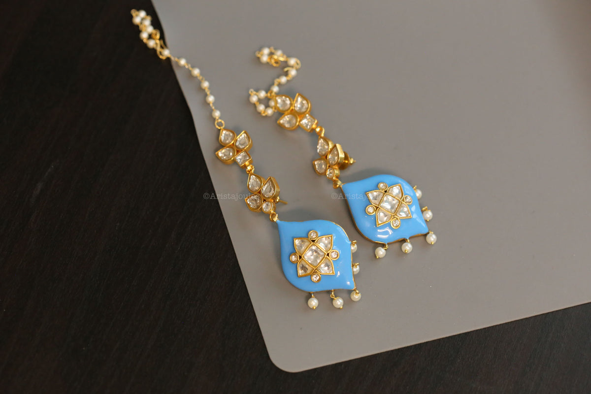 Deepa Enamel Jadau Kundan Earrings - Turquoise