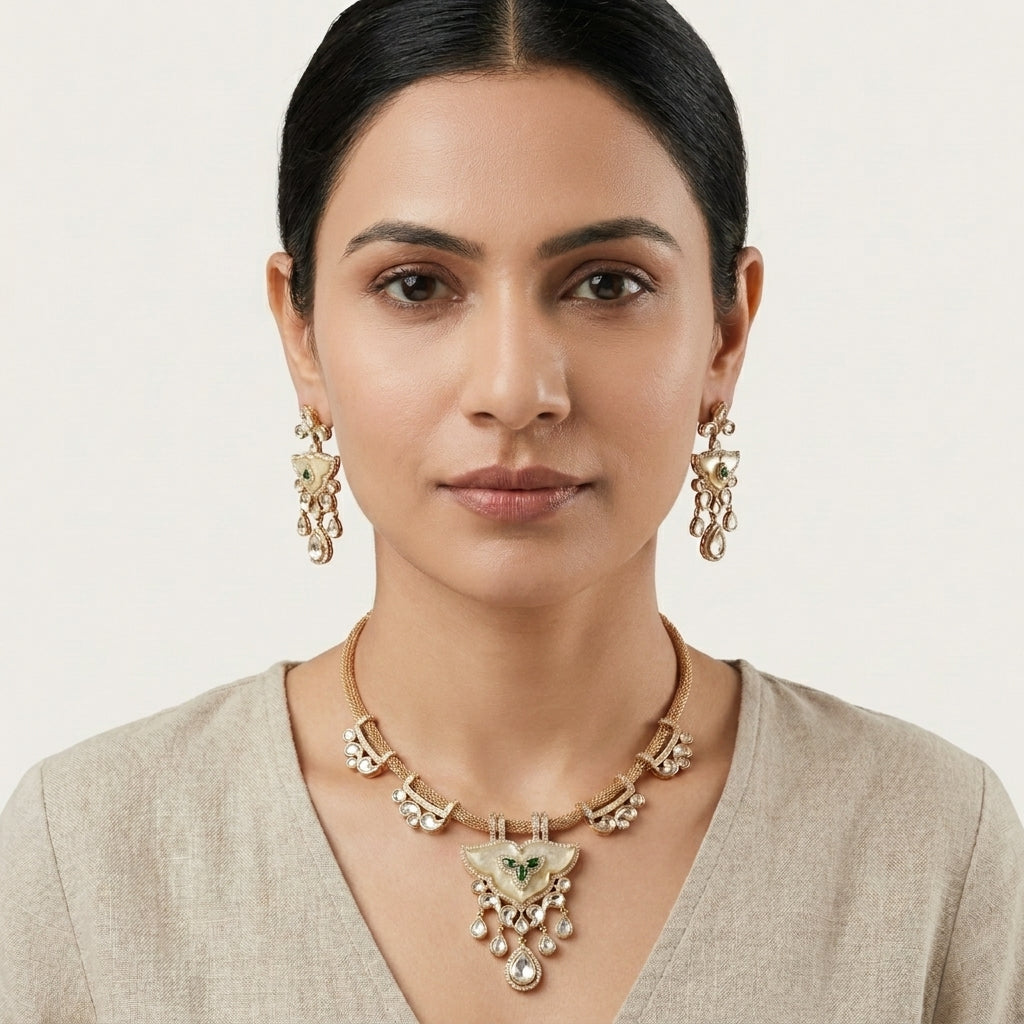 Kundan Polki CZ & MOP Necklace Set - Green