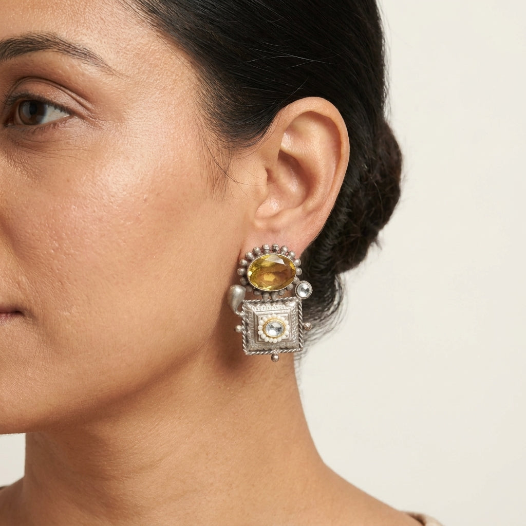 Kundan Fusion Earrings- Yellow