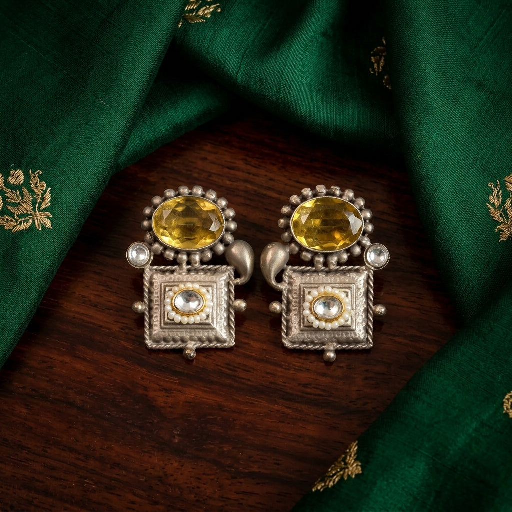Kundan Fusion Earrings- Yellow