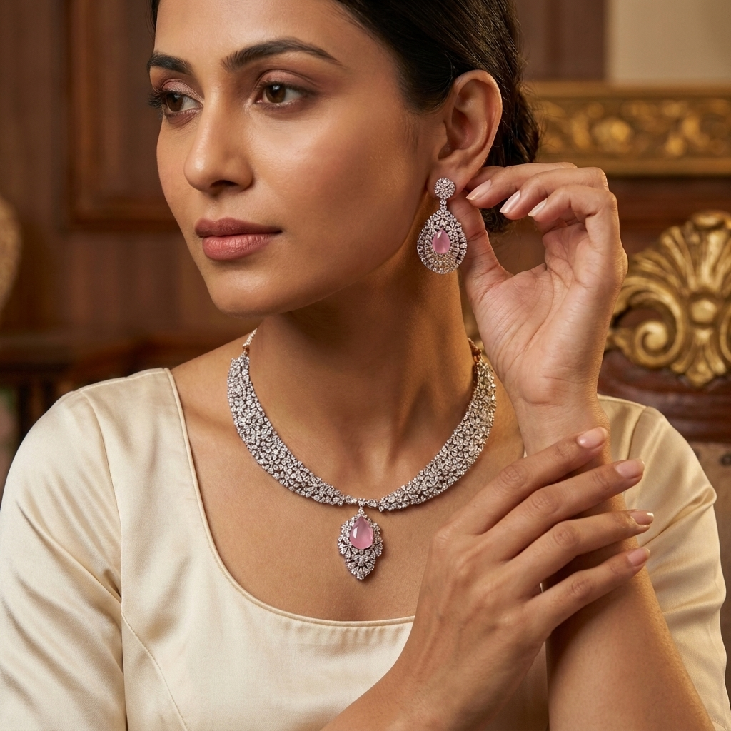Sitara Premium Quality CZ Necklace Sets - Pink