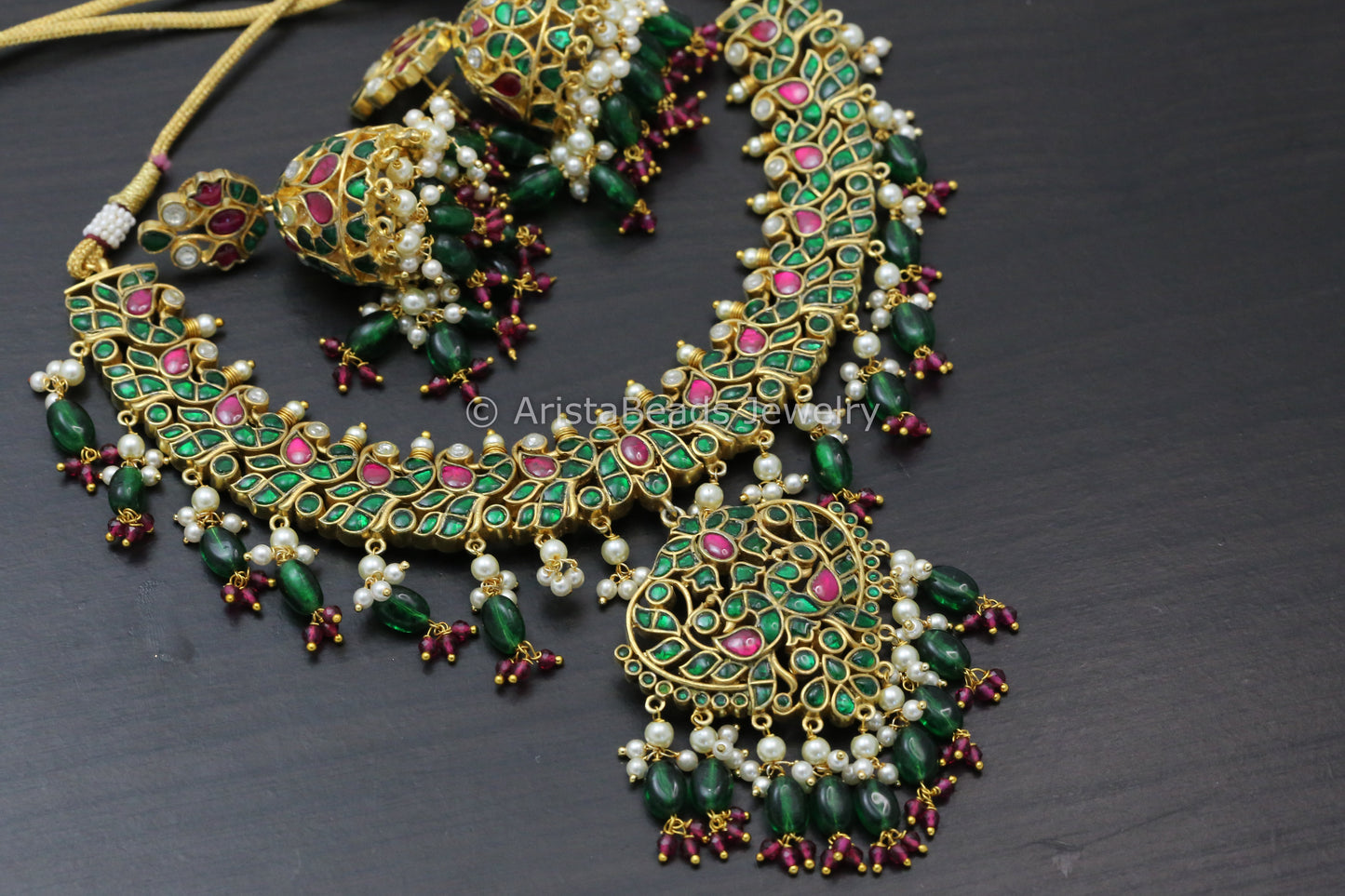 Next To Real Fine Jadau Kundan Necklace Set - Emerald