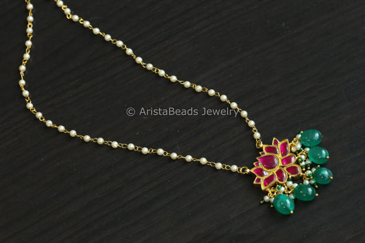 Silver Look Jadau Kundan Lotus Necklace - Ruby & Pearl