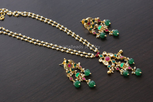 Dainty Pachi Kundan Pendant Set With Melon Drops