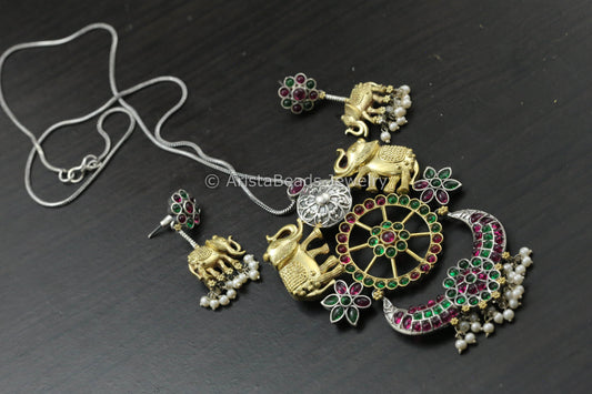 Dual Tone Silver Replica Necklace - Green Ruby