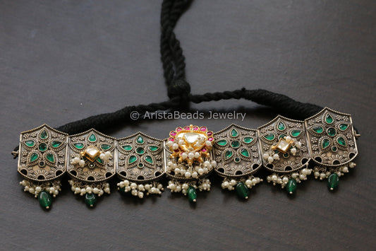 Ruby Pachi Motif Green Oxidized Choker