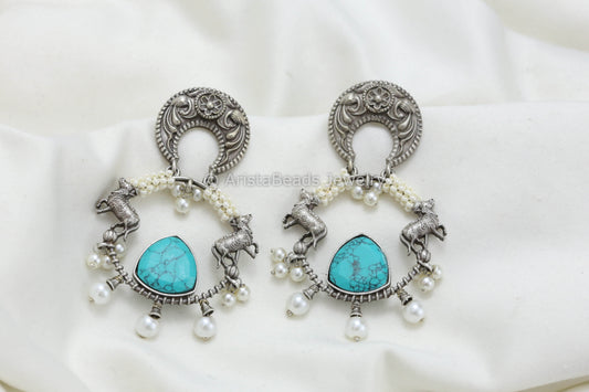 Silver Look Chandbaali - Turquoise