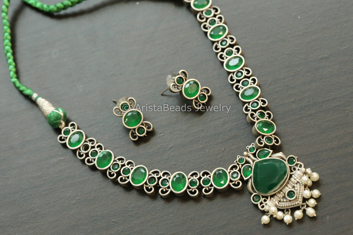 Oxidized Monalisa Necklace Set - Green