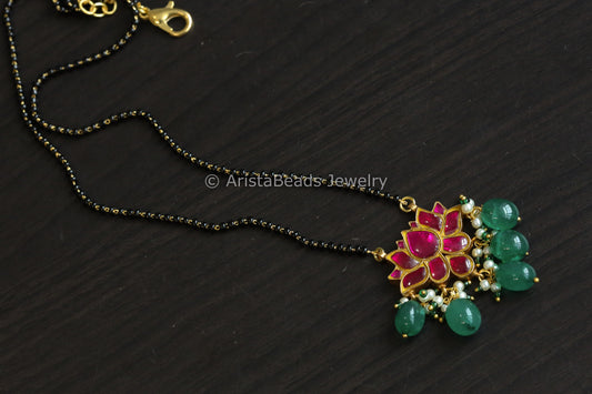 Silver Look Jadau Kundan Lotus Necklace - Ruby