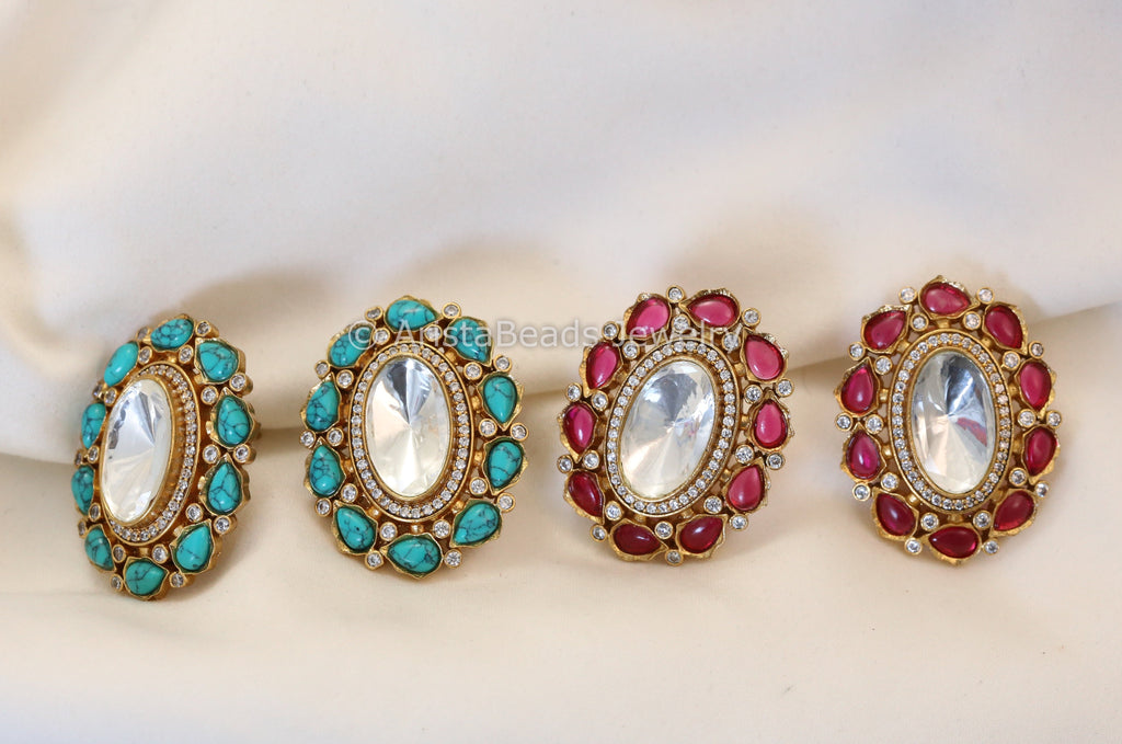 Big Uncut Kundan Studs (Turquoise / Red)