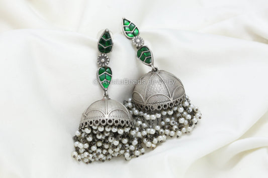 Long Jadau Kundan Silver Fusion Jhumka - Green