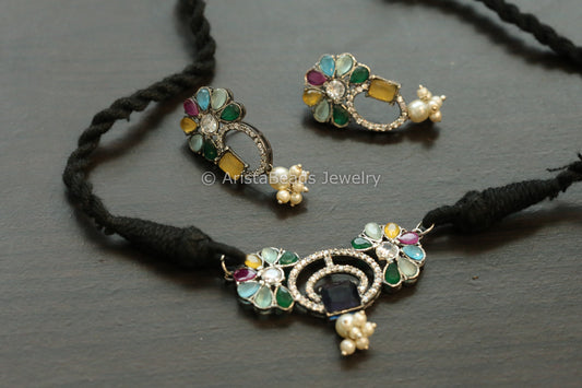 Dainty Navratan Oxidized Choker Set
