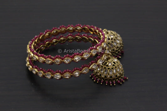 Polki Jhumka Bangle Set - Red