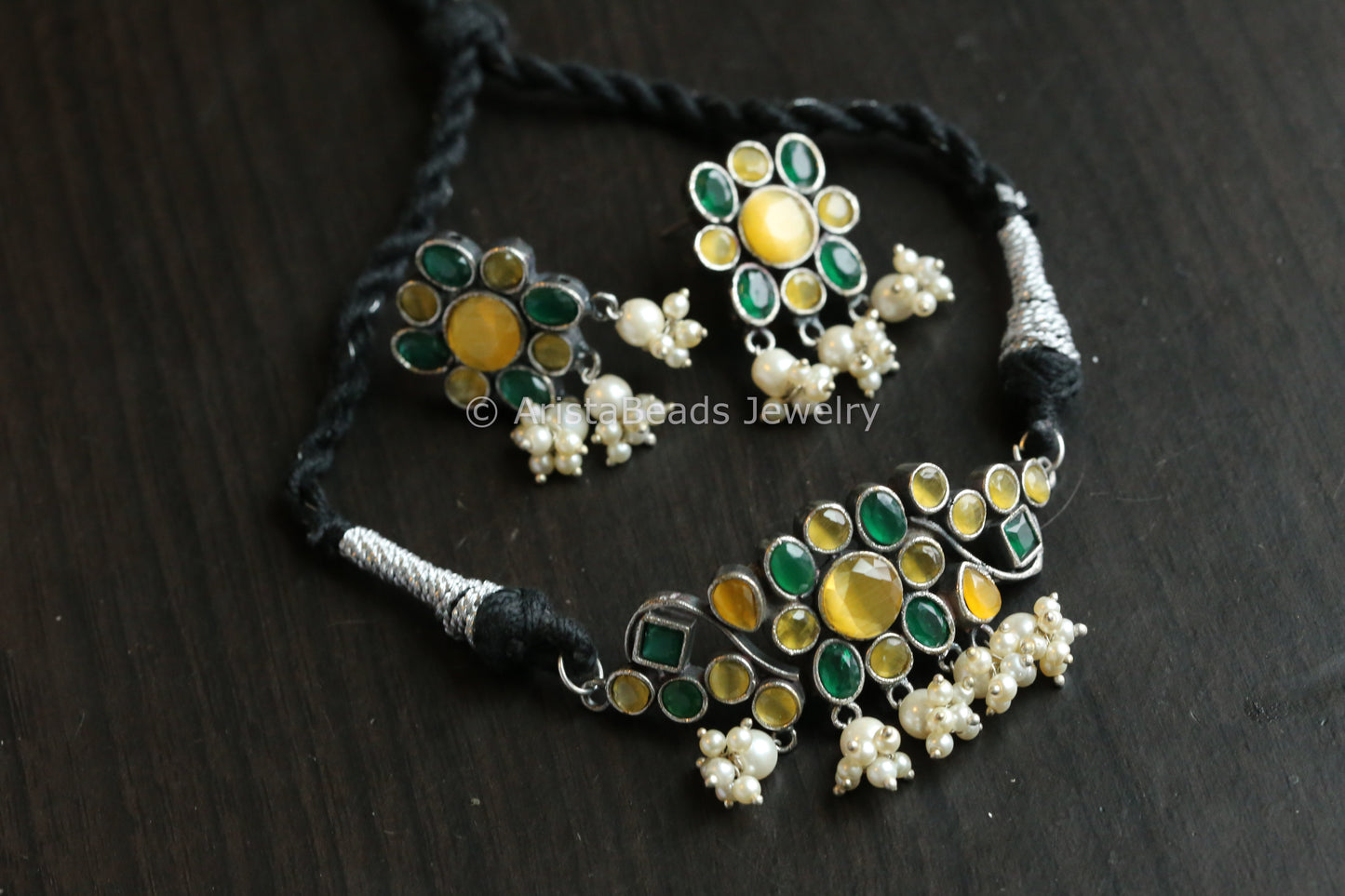 Dainty CZ & Monalisa Stones Necklace Set - Yellow